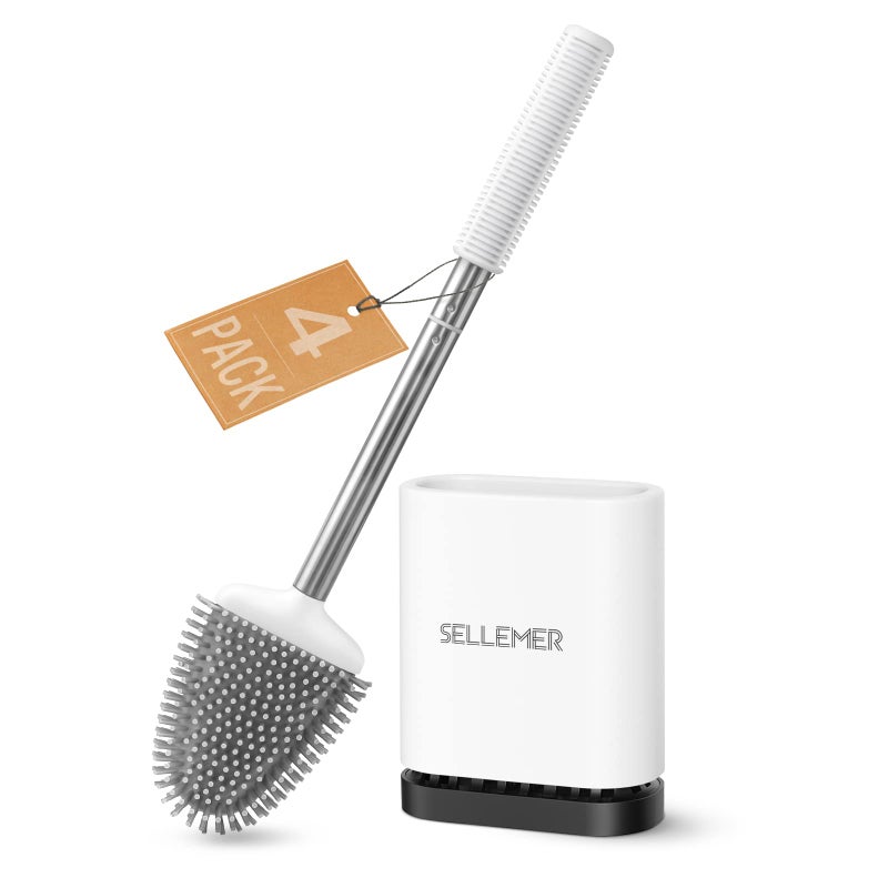 Sellemer مجموعة فرشاة وحامل المرحاض من Sellemer للحمام، رأس فرشاة المرحاض المرن مع شعيرات السيليكون، حجم صغير للتخزين وتنظيم فتحات التهوية (4 عبوات متعددة الألوان) - Image 1